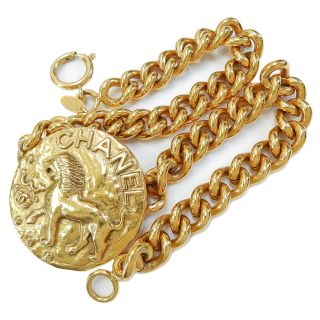 CHANEL Gold Plated CC Logos Lion Charm Vintage Necklace Choker 4319a Rise - on 4