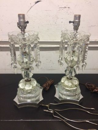 Pair Vintage St.  Clair Table Lamp White Trumpet Flowers And Crystal Pendants