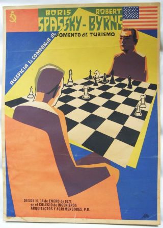 1974 Vintage Chess Poster Boris Spassky Vs.  Robert Byrne In Puerto Rico