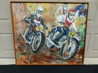 Motocross Tt Track Oil Painting Mid Century Motorcycle Bsa Triumph 35x39 Collier