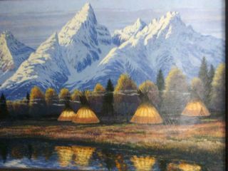Old Vintage Oil Painting Americana Native American Indians Mountain Landscape