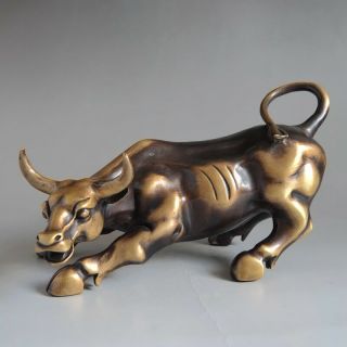 8 " Ancient Pure Bronze Sculpture Vivid Wall Street Bronze Fierce Bull Ox Statue