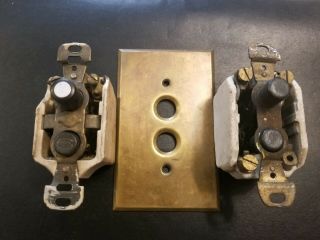 Vintage Two Push Button Switches With One Brass Cover Plate