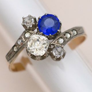 Antique Victorian Edwardian 10k Gold Moi Et Toi Sapphire Diamond Paste Sz 8 Ring
