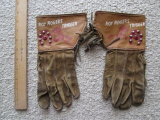 Vintage Roy Rogers Gloves And Trigger Gauntlet Suede Leather Gloves W Fringes