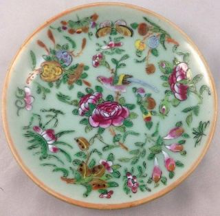 Antique Chinese Famille Rose Canton Celadon Plate Butterfly Bird Signed