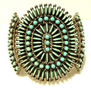 Designer " I " Zuni Petit Point Sterling Silver Turquoise Large Cuff Bracelet
