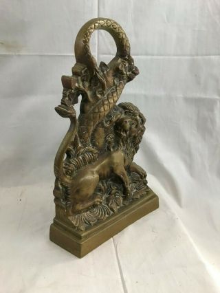 Great Orig.  19thC Antique English Cast Brass Lion & Serpent Snake Doorstop 11 