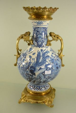 Huge Heavy Bronze Boch Ceramic Vase Delft Blue White Decor Birds Putti Angels