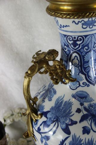 Huge heavy bronze Boch ceramic vase delft blue white decor birds putti angels 4