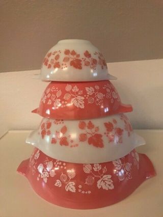 PYREX Vtg Pink Gooseberry Cinderella Mixing Bowls 441 442 443 444 Complete Set - 4 3