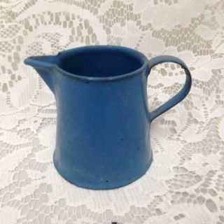 Antique,  Rare,  Blue Enamelware Child ' s Pitcher 2.  5in x 3.  5in (M) 2