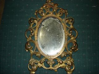 Antique Brass Frame Rococo Style Table Mirror 14 Inches Long & 9 1/2 In Wide