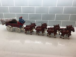 Vintage Budweiser Clydesdale Cast Iron Horse Drawn Beer Wagon 2 Drivers & Dog