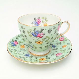 Vintage Eb Foley Tea Cup & Saucer In Green With Hand Painted Flowers