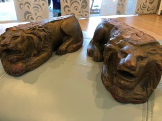 2 Vintage Antique Hand Carved Wooden Lions Each 10 " Long 3.  5 " High Wood