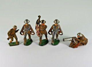 Five Vintage Manoil Barclay Grey Iron Lead Soldiers Flag Bearer Stretcher Gunner