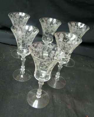 (6) Total Cambridge Wine Goblets 8 1/2 " Rose Point W/ Unusual Stem 1 Tiny Flake