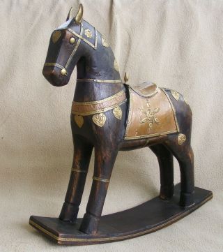 Vintage Wood Carved Rocking Horse With Brass And Copper Inlay