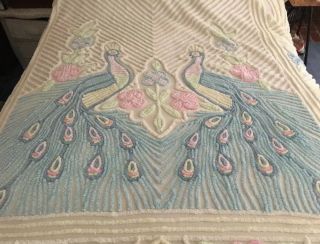 Vtg Ivory Cotton Chenille Bedspread Blue & Pink Peacocks 95” X 110”