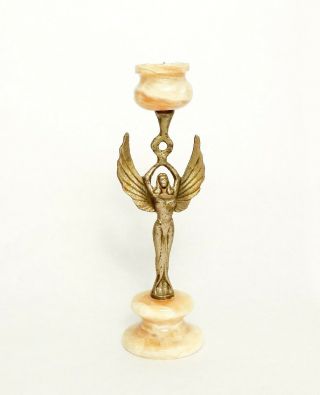 Vintage Angel Onyx Marble Brass Candlestick Holder