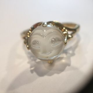 Vintage 10k Yellow Gold Carved Moonstone 4ct Man in the Moon Face Ring 5