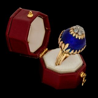 Antique Vintage Deco Retro 18k Gold Diamond Guilloche Enamel Bombe Ring Sz 7.  75