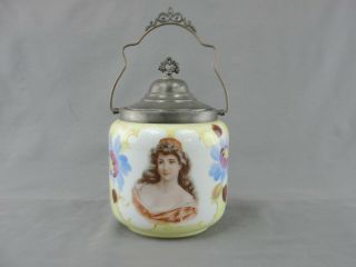Antique Milk Glass Biscuit Jar Hand Painted Victorian Lady Floral Metal
