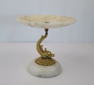 Vintage Italian Hand Carved Alabaster Dish Pedestal Classical Gold Tone Fish