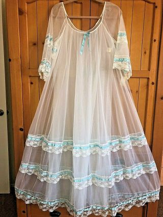 Vintage Nwt Sears Sheer Nylon Dbl Layer Chiffon Nightgown W/ Lace & Ribbon Trim