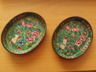 Antique X2 Chinese Enameled Cloisonne Hand Painted Pin Dish Green Over Copper