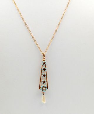 Stunning Vintage 14k Solid Gold Pearl & Enamel Pendant W/ 16 " Chain 685b - 10
