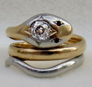 Antique Victorian Platinum & 18k Gold European Cut Vs1 Diamond & Ruby Snake Ring