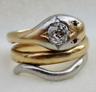 ANTIQUE VICTORIAN PLATINUM & 18K GOLD EUROPEAN CUT VS1 DIAMOND & RUBY SNAKE RING 3