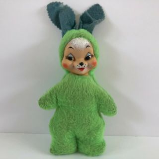 Knickerbocker Vintage Plastic Face Rabbit Plush Green With Blue Ears 1950s Retro