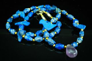 Antique Lapis Carved Egyptian God Bird Horus Ancient Amethyst Bead Necklace