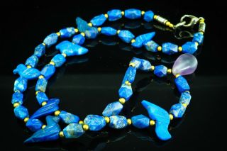 Antique Lapis Carved Egyptian God Bird Horus Ancient Amethyst Bead Necklace 2