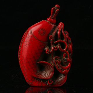 China Exquisite Red Coral Hand Carved Fish & Lotus Snuff Bottle Z757
