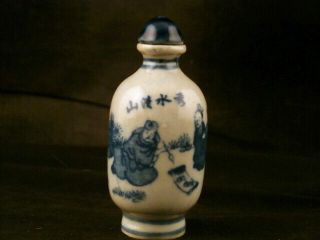 Fine 19thc Chinese Blue & White Porcelain 2men 山清水秀 Snuff Bottle P008