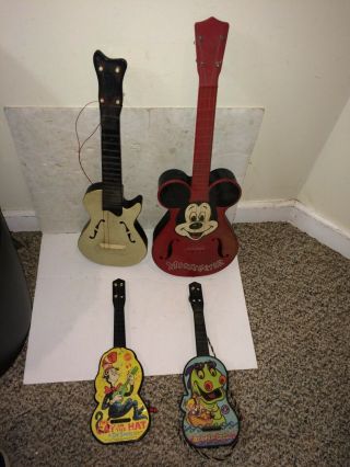 4 Vintage 1960s Guitar Toy,  Mattel,  Mickey Mouse Mousegetar,  Beany,  Cecil,  Dr.  Seuss