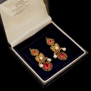 Antique Vintage Art Nouveau 18k Gold Spanish Ruby Pearl Wedding Dangle Earrings