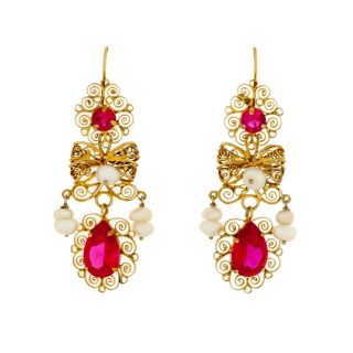 Antique Vintage Art Nouveau 18k Gold Spanish Ruby Pearl Wedding Dangle Earrings 2