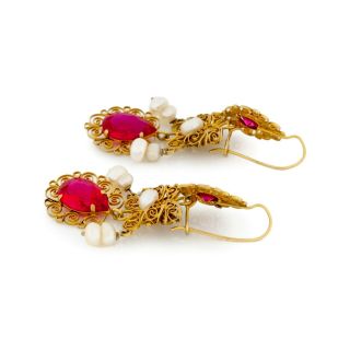 Antique Vintage Art Nouveau 18k Gold Spanish Ruby Pearl Wedding Dangle Earrings 3