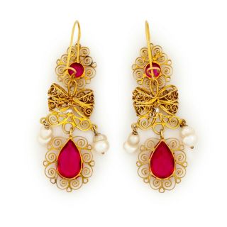 Antique Vintage Art Nouveau 18k Gold Spanish Ruby Pearl Wedding Dangle Earrings 4