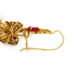 Antique Vintage Art Nouveau 18k Gold Spanish Ruby Pearl Wedding Dangle Earrings 5