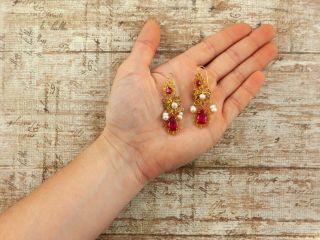 Antique Vintage Art Nouveau 18k Gold Spanish Ruby Pearl Wedding Dangle Earrings 6