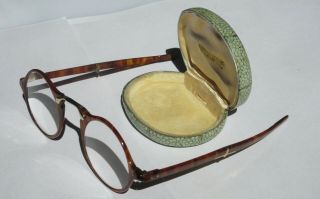 Antique Tortoise Shell Gold Round Spectacles Glasses Shagreen Case Steampunk