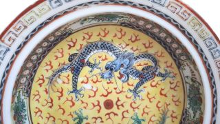 ANTIQUE CHINESE HAND PAINTED YELLOW ENAMEL CANTON GREEN BLUE DRAGON BOWL DISH 3