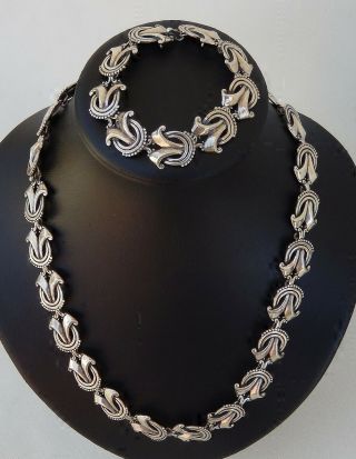 Margot De Taxco Sterling Silver Art Deco Design Necklace & Matching Bracelet