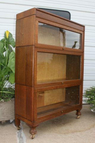 Glorious Antique Quarter Sawn Oak 3 Stack Barrister Lawyer Bookcase w Claw Feet 3